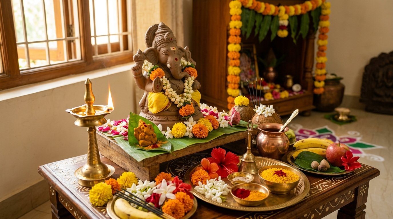 Traditional clay Lord Ganesha idol and Vedic puja altar setup