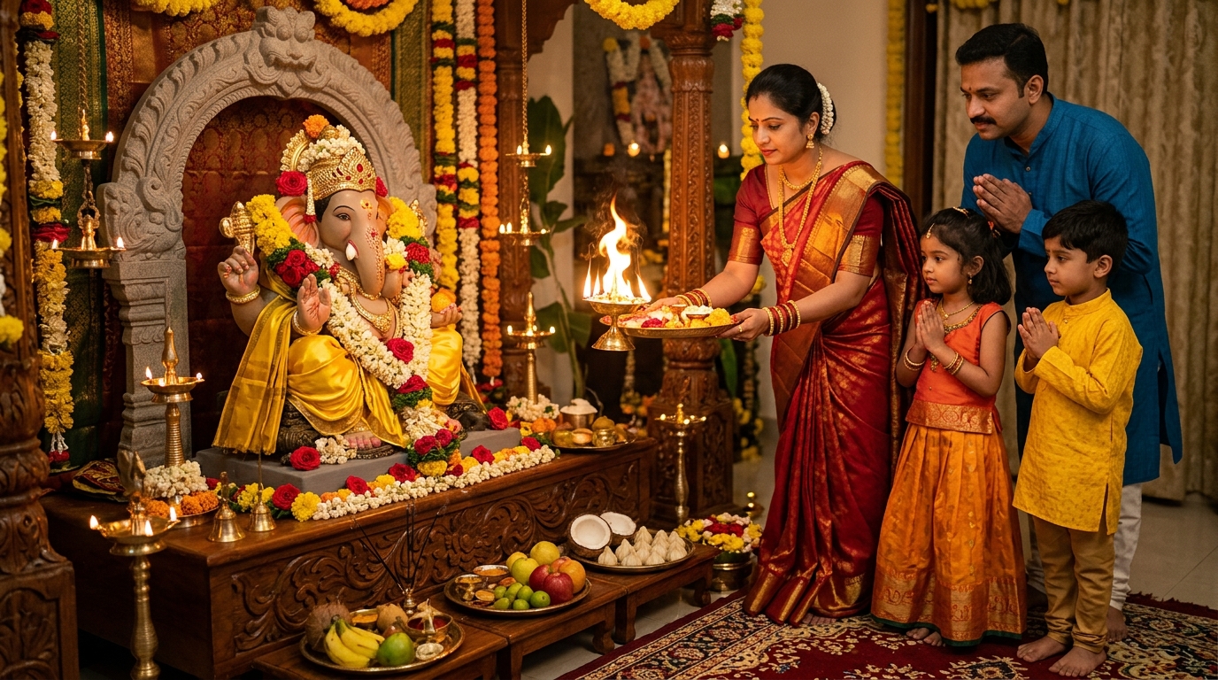 Hindu family performing Ganesha Mangala Harathi with glowing camphor flame