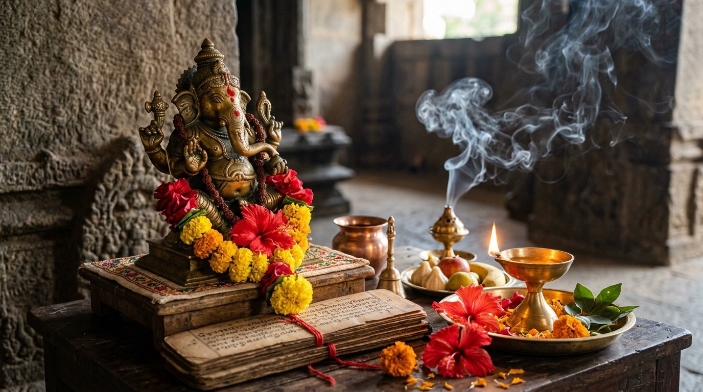 Sacred Ganesha idol with ancient Vedic palm manuscripts, diya, and incense