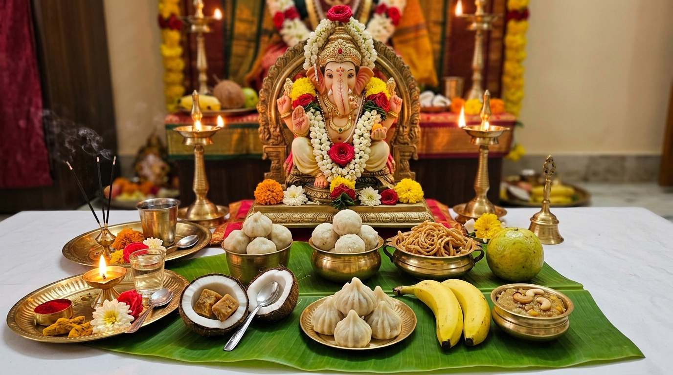Traditional festive Naivedyam offerings including steamed Kudumulu, Undrallu, and fruits on banana leaf