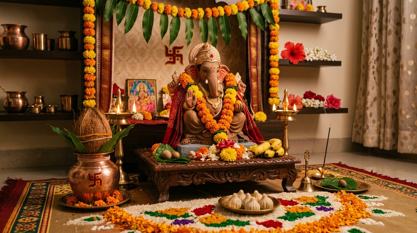 Traditional home altar setup for Ganesh Chaturthi Puja with clay idol, brass lamps, and flowers