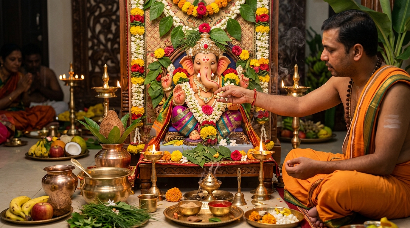Devotee offering sacred 21 Patri botanical leaves and flowers during Shodashopachara Puja