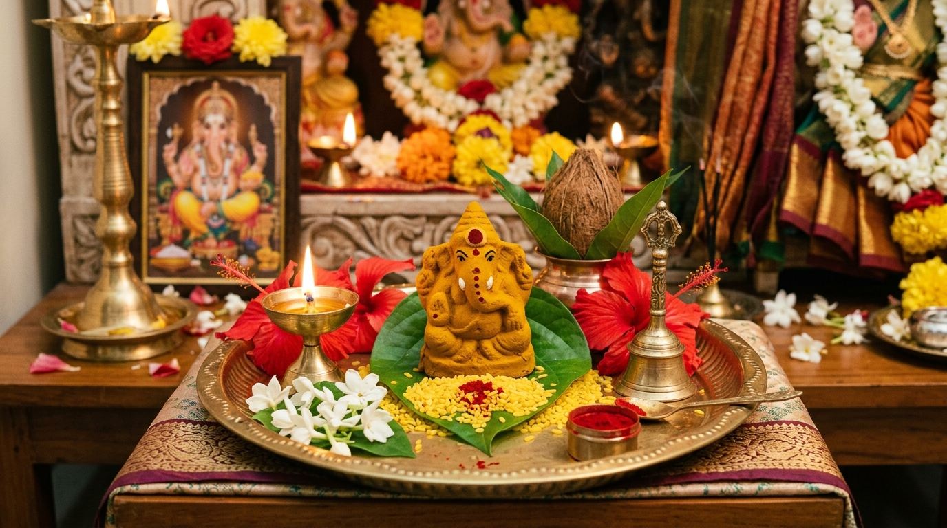Traditional Pasupu Ganapathi turmeric idol placed on a betel leaf with flowers and akshintalu