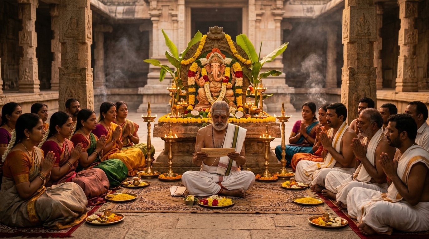 Devotees listening to sacred Vinayaka Vratha Katha and holding consecrated Akshintalu