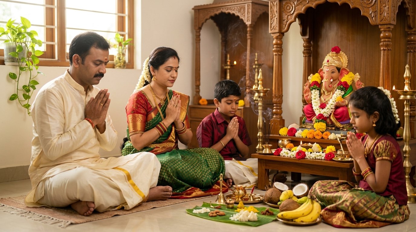 Traditional South Indian family participating in Vinayaka Vratham home rituals