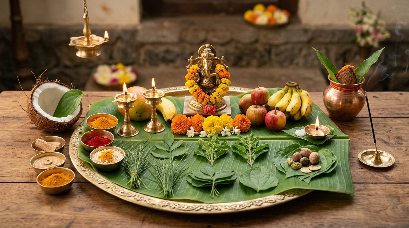Sacred 21 Patri medicinal leaves and Ganesha puja samagri arranged on a banana leaf