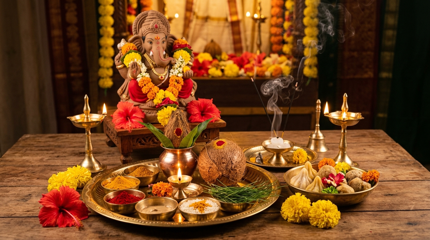 Complete traditional Ganesh Chaturthi Puja Samagri arrangement with clay Ganesha, turmeric, kumkum, fresh flowers, durva grass, diya lamp, kalash, and modak sweets