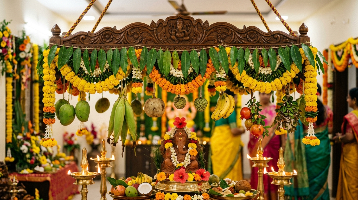 Traditional Telugu Pala Velli hanging wooden canopy decorated with mango leaves, corn, custard apple, wood apple and marigold flowers