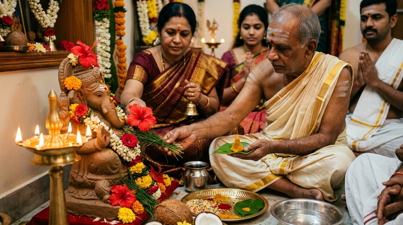 Devotional scene of Telugu family performing Vinayaka Chavithi Shodashopachara puja with turmeric Ganesha on betel leaf and lighted brass deepam