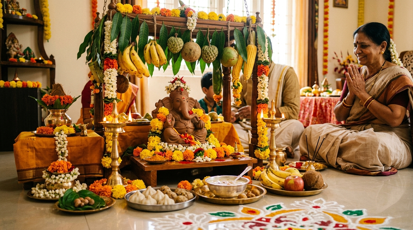 Traditional Telugu Vinayaka Chavithi Puja with Ganesha idol and Pala Velli decoration