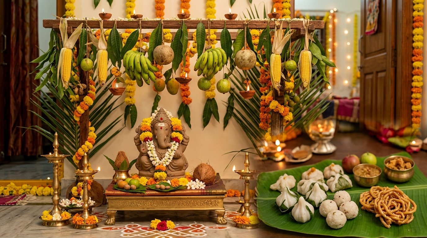 Traditional Telugu Vinayaka Chavithi Palavelli arrangement with Kudumulu and Undrallu