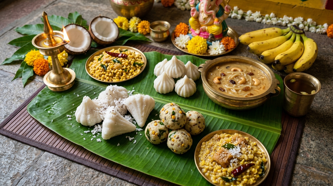 Traditional Telugu Vinayaka Chavithi Naivedyam spread with Kudumulu, Undrallu, Bellam Thalikalu, Vadapappu, Chalividi and Panakam