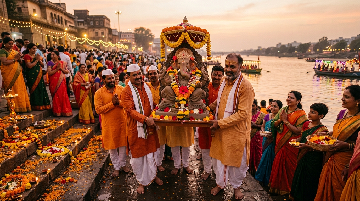 Devotional Ganesh Visarjan scene with devotees carrying eco-friendly clay Ganesha idol adorned with flowers toward sacred water ghat at golden hour sunset