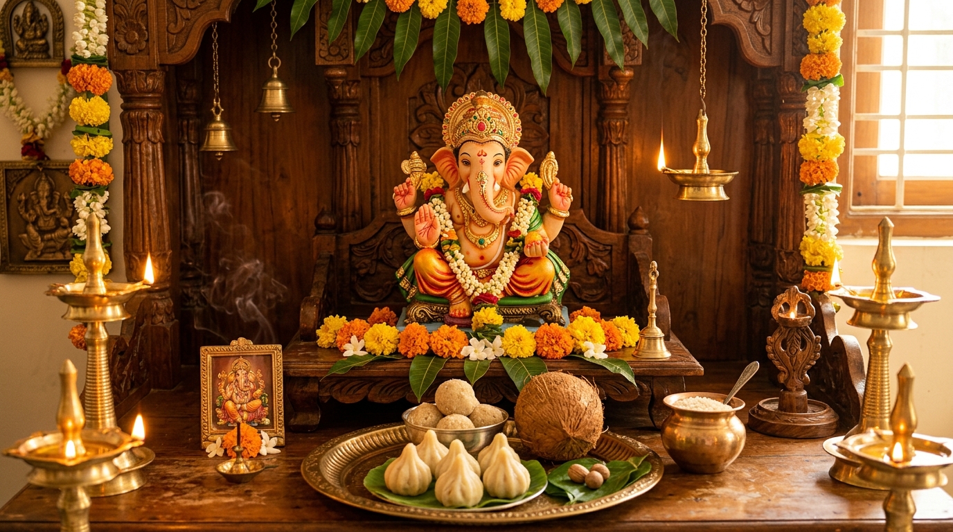 Traditional Vinayaka Vratham puja altar with Lord Sri Ganesha clay idol, burning diya lamps, fresh marigold garlands, and festive offerings