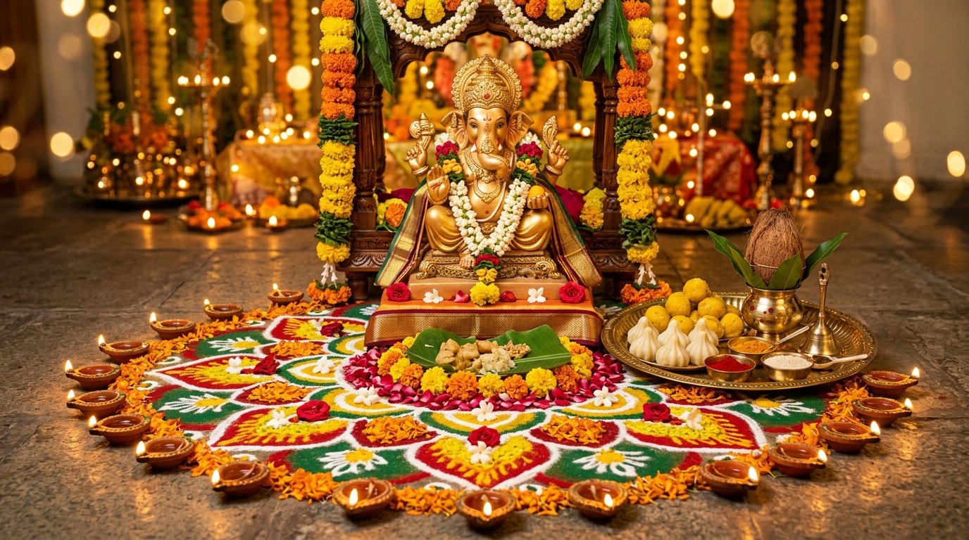 Lord Ganesha with festive floral rangoli, lit oil lamps, and traditional modaks